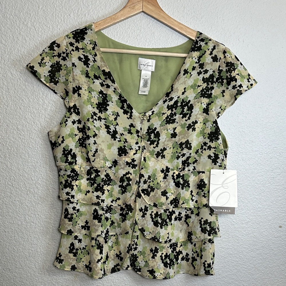 NEW Emma James Green Floral Top Tiered Ruffle Blouse Button Up Womens 12